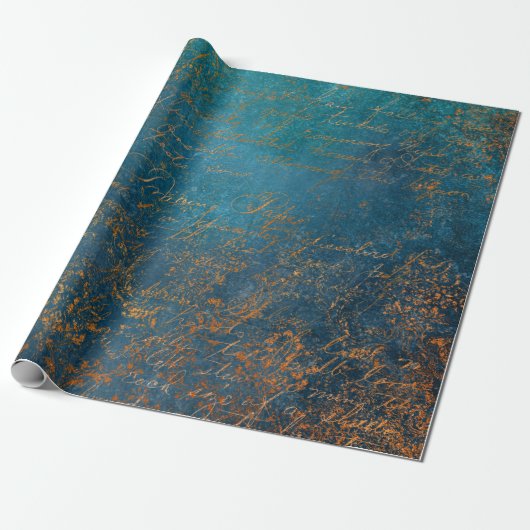 Boho Copper Blue Script Handwrite Grunge Cadeaupapier (Uitgerold)