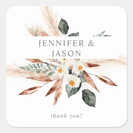 Boho Copper Leaves Pampas & Beige Floral Hartelijk Vierkante Sticker (Voorkant)