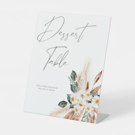 Boho Copper Pampas & Beige Bloemen Dessert Tafel Reclamebord Met Voetstuk (Voorkant)