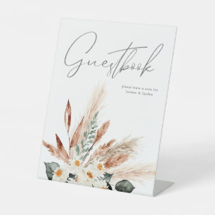Boho Copper Pampas & Beige Floral Guestbook Reclamebord Met Voetstuk