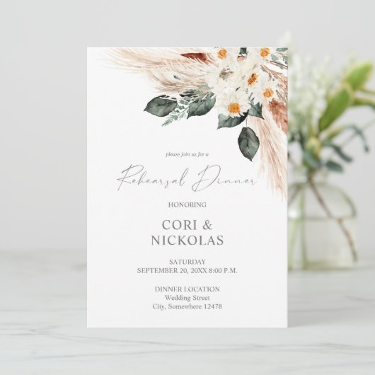 Boho Copper Pampas & Beige Floral Rehearsal Dinner Kaart (Staand voorkant)