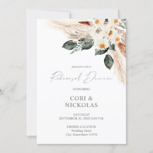 Boho Copper Pampas & Beige Floral Rehearsal Dinner Kaart