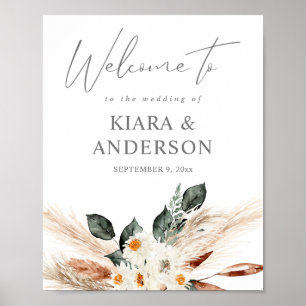 Boho Copper Pampas Beige Floral Welcome Sign. Poster