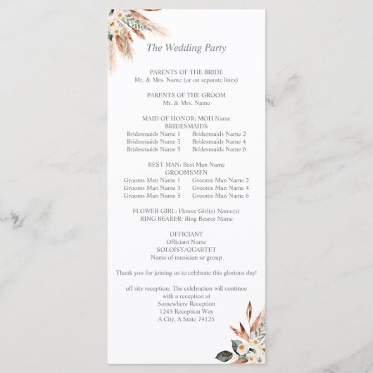 Boho Copper Pampas Floral Ceremony Programme Programmakaart (Achterkant)