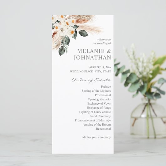 Boho Copper Pampas Floral Ceremony Programme Programmakaart (Staand voorkant)
