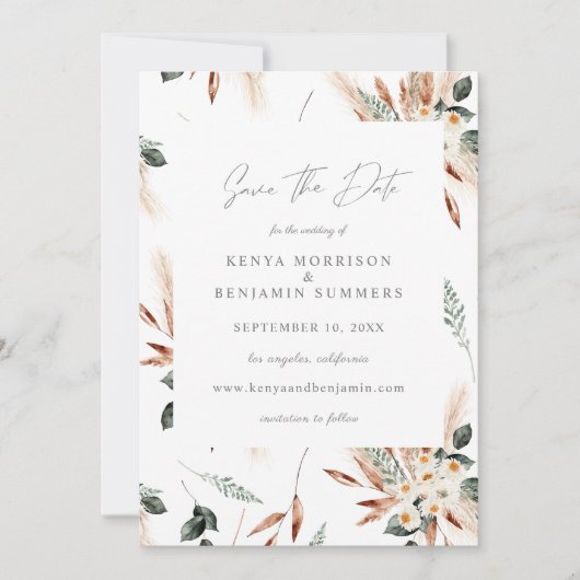 Boho Copper & Pampas & Floral Save the Date Kaart (Voorkant)
