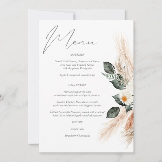 Boho Copper Pampas Grass & Beige Bloemen Menu Kaart (Voorkant)