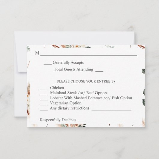 Boho Copper Pampas Grass Beige Bloemen met Maaltij RSVP Kaartje (Achterkant)