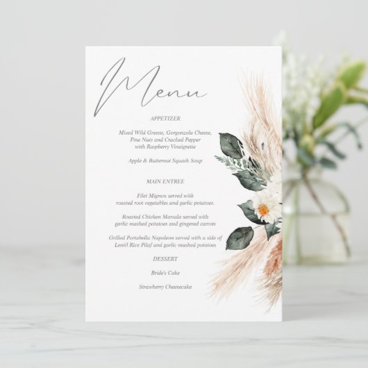 Boho Copper Pampas Grass & Beige Floral Menu Uitno Kaart (Staand voorkant)