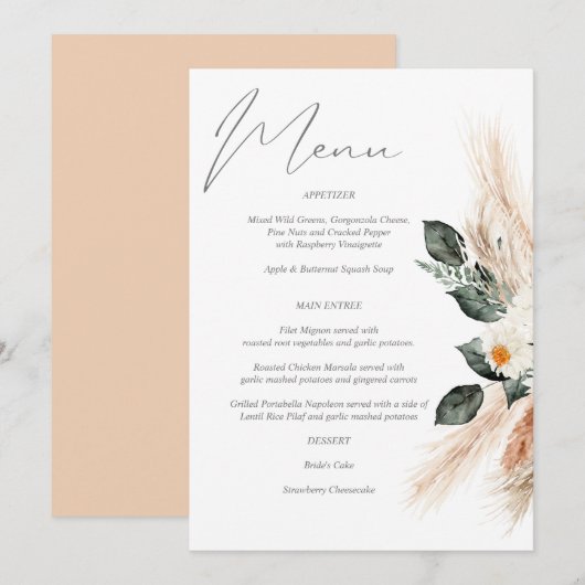 Boho Copper Pampas Grass & Beige Floral Menu Uitno Kaart (Voorkant / Achterkant)