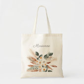 Boho Copper Pampas Grass & Beige Floral & Name Tote Bag (Voorkant)