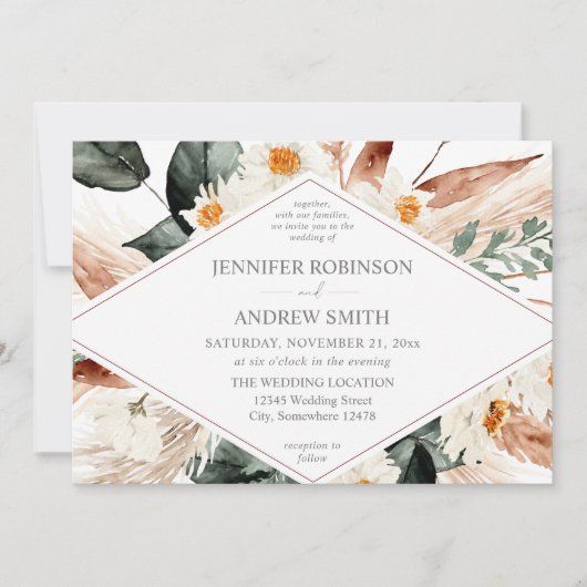 Boho Copper Pampas Grass & Beige Floral Wedding Kaart (Voorkant)