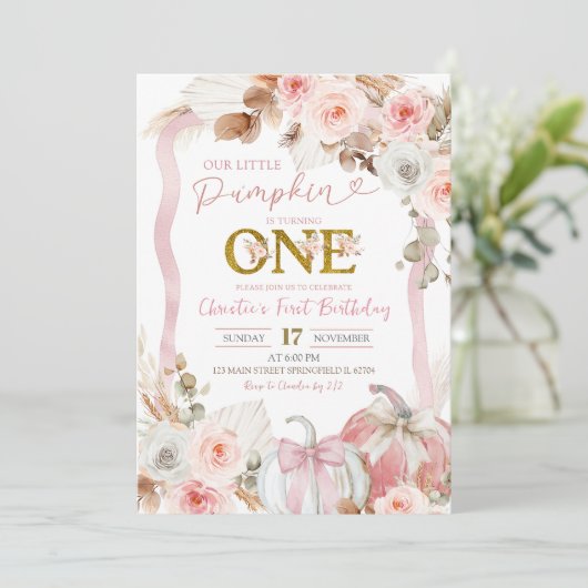 Boho Coquette Roze Pompoen 1e verjaardag Kaart (Staand voorkant)