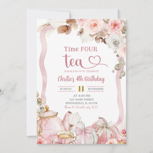 Boho Coquette Roze Tijd VIER thee Verjaardag Kaart (Voorkant)