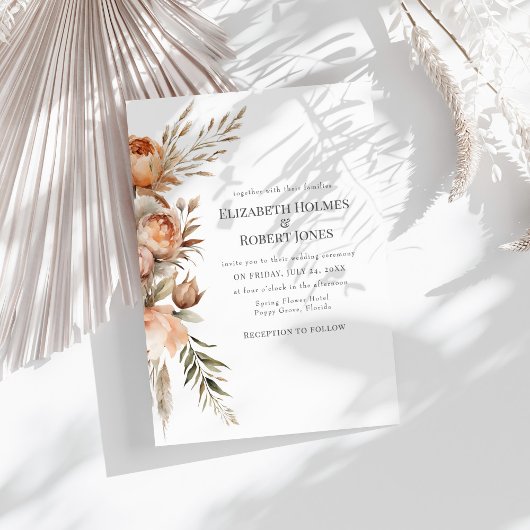 Boho Coral en perzik droge bloemen bruiloft Kaart