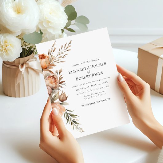 Boho Coral en perzik droge bloemen bruiloft Kaart