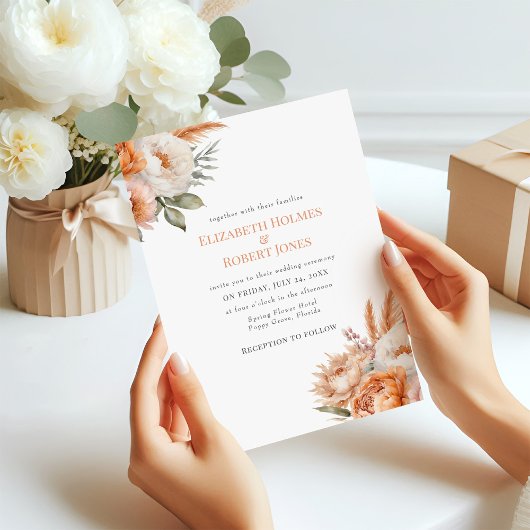 Boho Coral Flowers Summer Wedding Kaart