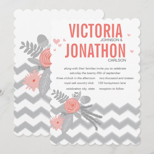 Boho Coral Navy Gray Chevron Typography Wedding Kaart (Voorkant / Achterkant)