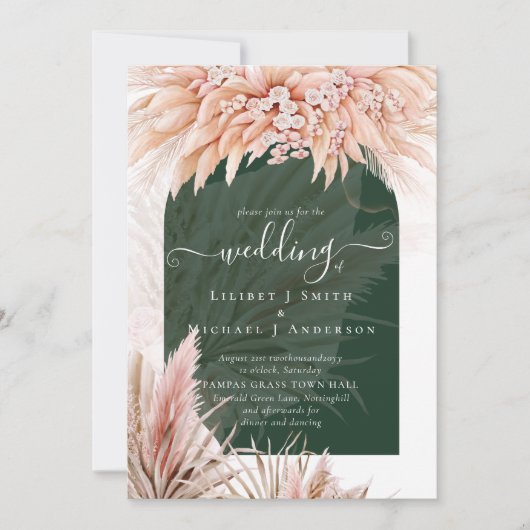Boho Coral Pampas Grass Green Wedding Kaart (Voorkant)