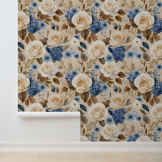 Boho Cottage Core Witte Rozen Blauwe Bloemen Behang