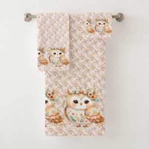 Boho Cottagecore Uil Bloemen Farmcore Charm Bad Handdoek