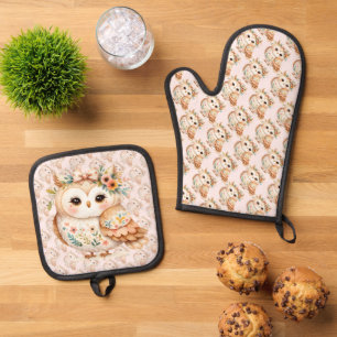 Boho Cottagecore Uil Bloemen Farmcore Charm Ovenwant & Pannenlap Set