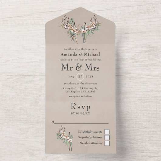 Boho Cotton and Eucalyptus Wedding All In One Uitnodiging (Binnen)