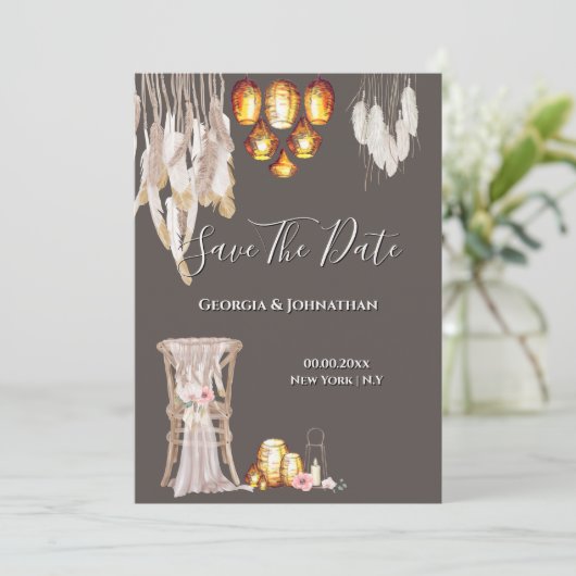 Boho country macrame lantern licht veer chic aan save the date (Staand voorkant)