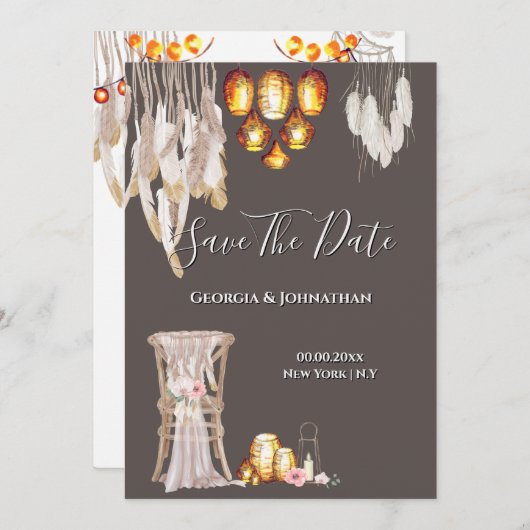 Boho country macrame lantern licht veer chic aan save the date (Voorkant / Achterkant)