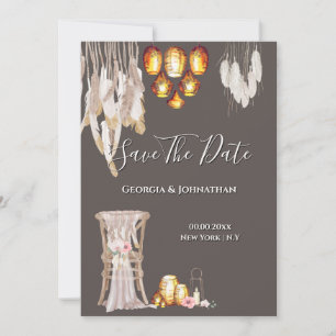 Boho country macrame lantern licht veer chic aan save the date