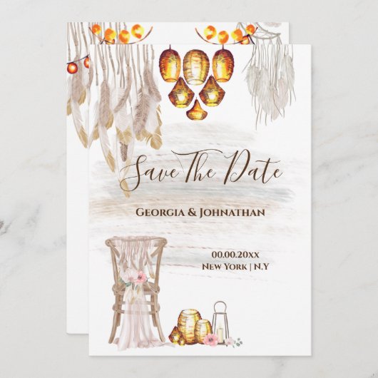 Boho country macrame licht vederlantaarn aan save the date (Voorkant / Achterkant)