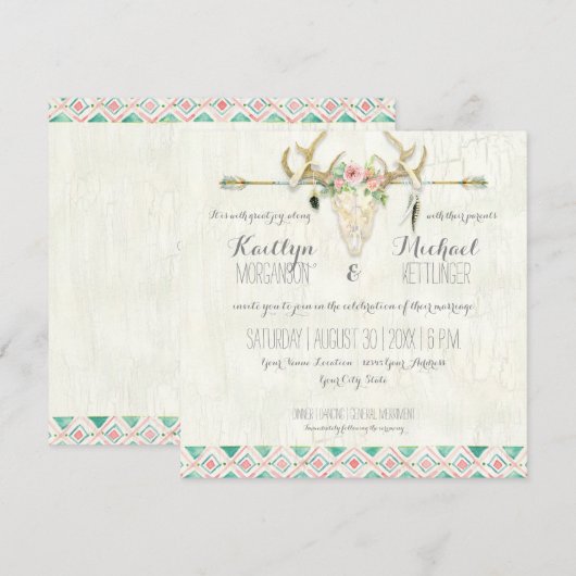 BOHO Country Rustic Floral Deer Skull Antler Arrow Kaart (Voorkant / Achterkant)