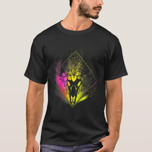 Boho Cow Skull Flowers Diamond Pink And Yellow Spl T-shirt (Voorkant)