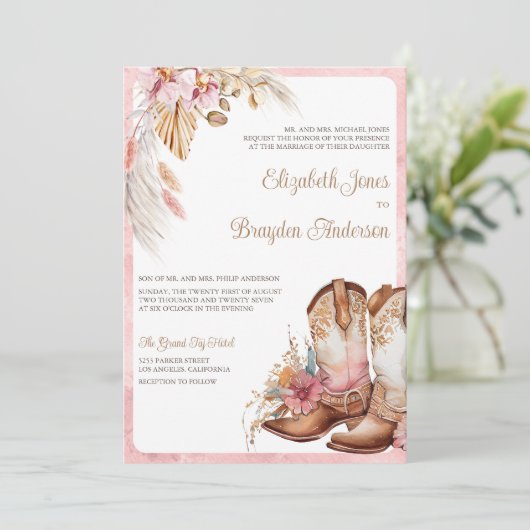 Boho cowboylaarzen Westerne huwelijksuitnodiging Kaart (Staand voorkant)