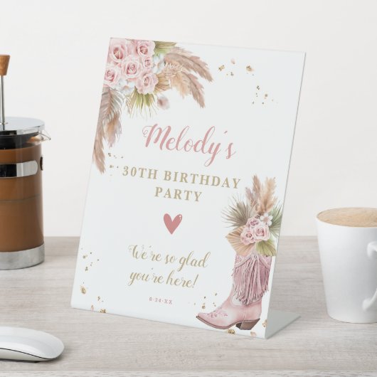 Boho Cowgirl Boot Pampas Grass Rozen Welkom Reclamebord Met Voetstuk (Insitu)