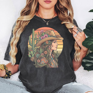Boho Cowgirl Woestijn Zonsondergang Cactus Bloemen T-shirt