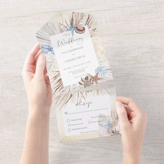 Boho Cream Beach Rustic Dinner All In One Uitnodiging (Afscheurbaar)