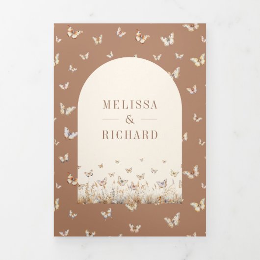 Boho Cream Beige Wildflower Butterfly Boog Huwelij Drieluik Uitnodiging (Cover)