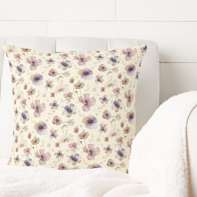 Boho Cream Blush Watercolor Wildebloem Kussen (Creator heeft geüpload)