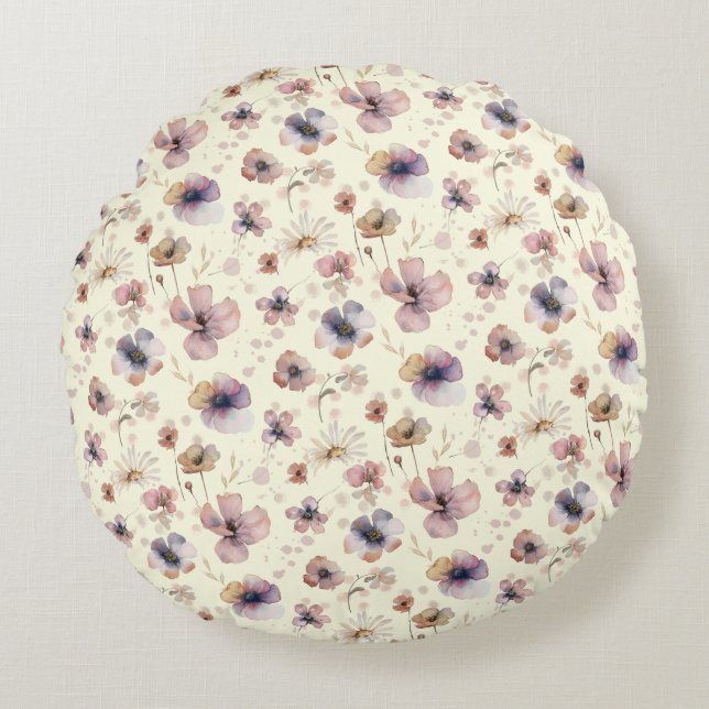 Boho Cream Blush Watercolor Wildebloem Rond Kussen (Voorkant)