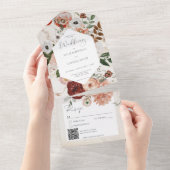 Boho Cream Burgundy Herfst Floral QR Code All In One Uitnodiging (Afscheurbaar)