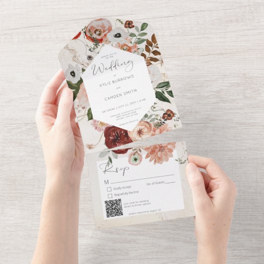 Boho Cream Burgundy Herfst Floral QR Code All In One Uitnodiging (Afscheurbaar)