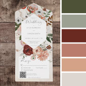 Boho Cream Burgundy Herfst Floral QR Code All In One Uitnodiging