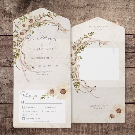 Boho Cream Daisies & Gedroogd Gras Diner All In One Uitnodiging