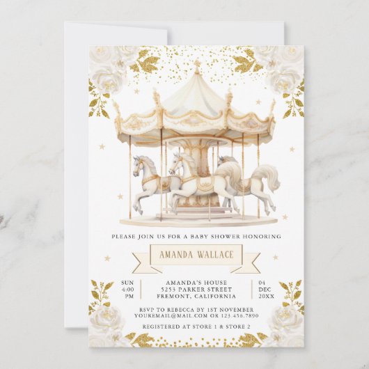 Boho Cream Gold Floral Carrousel Baby shower Kaart (Voorkant)