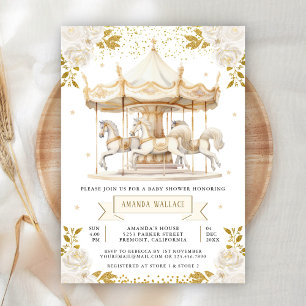 Boho Cream Gold Floral Carrousel Baby shower Kaart