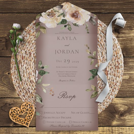 Boho Cream Rozen Brown Dinner All In One Uitnodiging