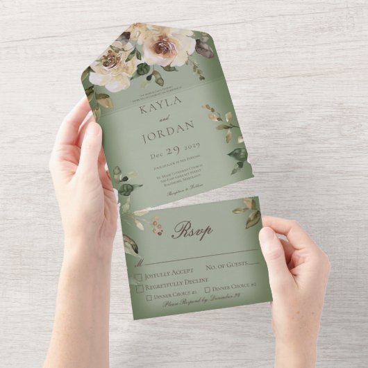 Boho Cream Rozen Sage Green Dinner All In One Uitnodiging (Afscheurbaar)
