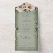 Boho Cream Rozen Sage Green Dinner All In One Uitnodiging (Binnen)