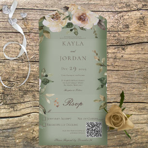 Boho Cream Rozen Sage Green QR Code All In One Uitnodiging